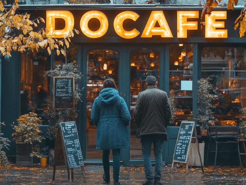 Leute stehen vor einem Café. (KI-generiert)