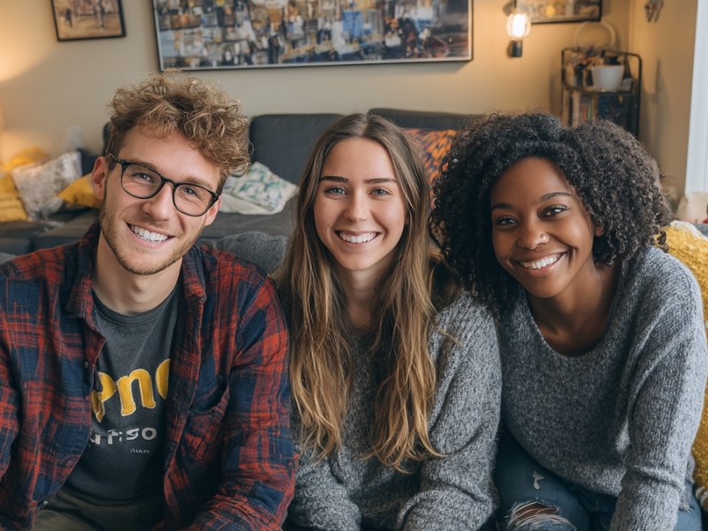 Drei Studenten auf einem Sofa. (KI-generiert)