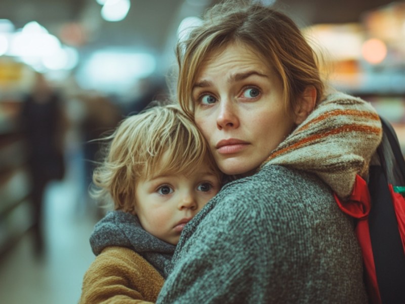 Eine junge, müde Mutter im Supermarkt. (KI-generiert)