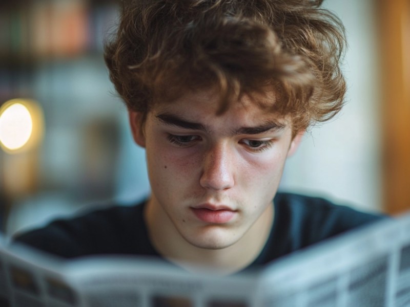 Ein 18-Jähriger liest die Zeitung. Er hat einen verlegenen Gesichtsausdruck. (KI-generiert)