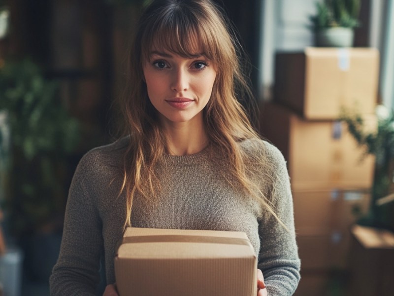 Eine Frau mit Paket. (KI-generiert)