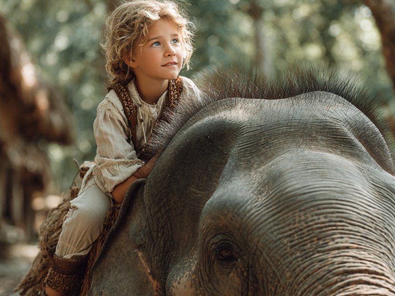 Mädchen auf Elefant. (KI-generiert)