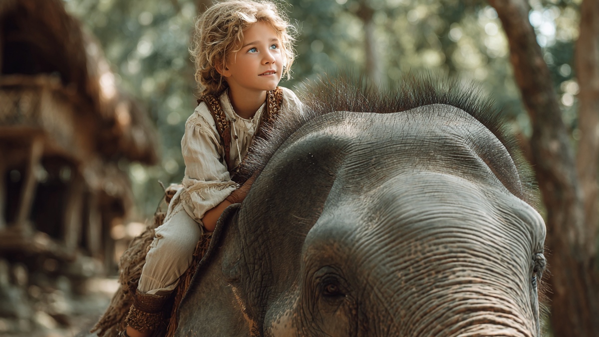 Mädchen auf Elefant. (KI-generiert)