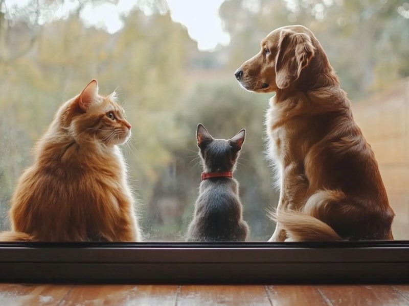 Tiere warten vor einer Glastür. (KI-generiert)