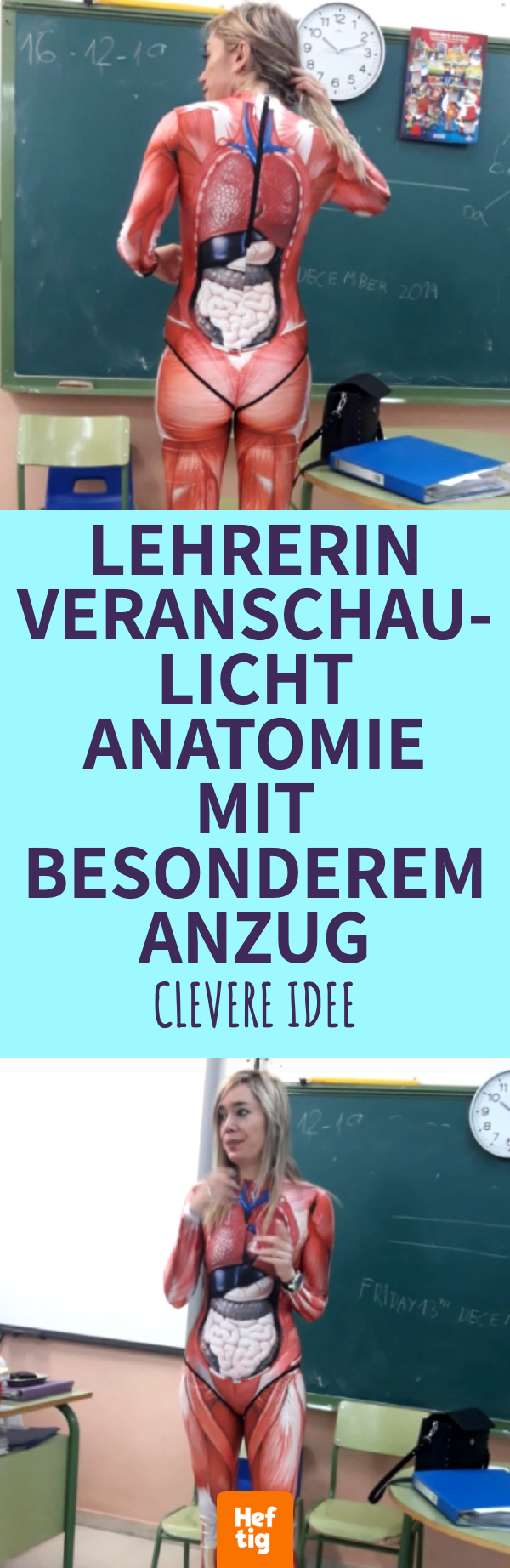 Lehrerin veranschaulicht Anatomie mit besonderem Anzug