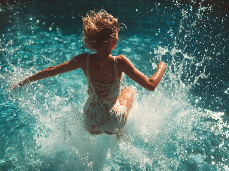 Frau springt in Pool. (KI-generiert)
