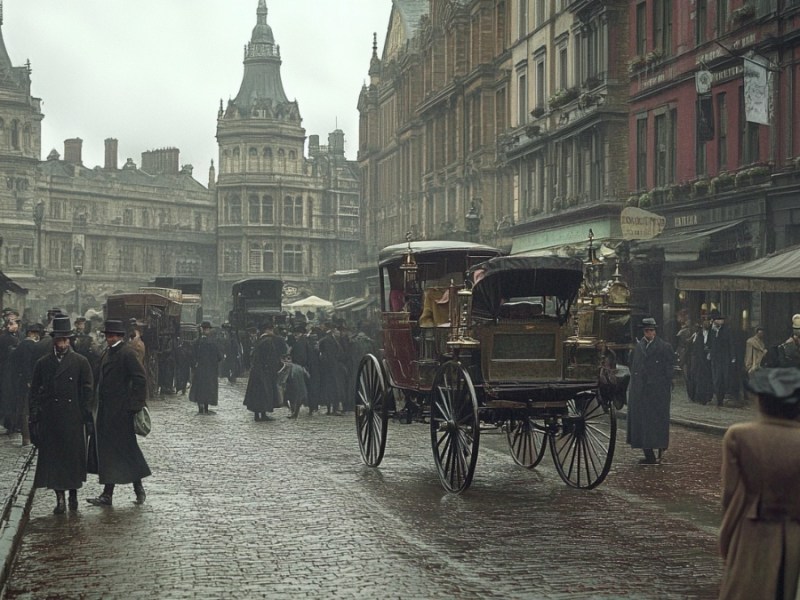 Eine Straßenszene in London um 1900 (Bild KI-generiert).