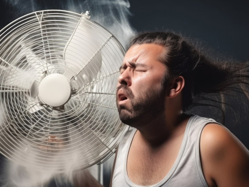 Ein Mann im Unterhemd steht vor einem Ventilator, um sich abzukühlen.