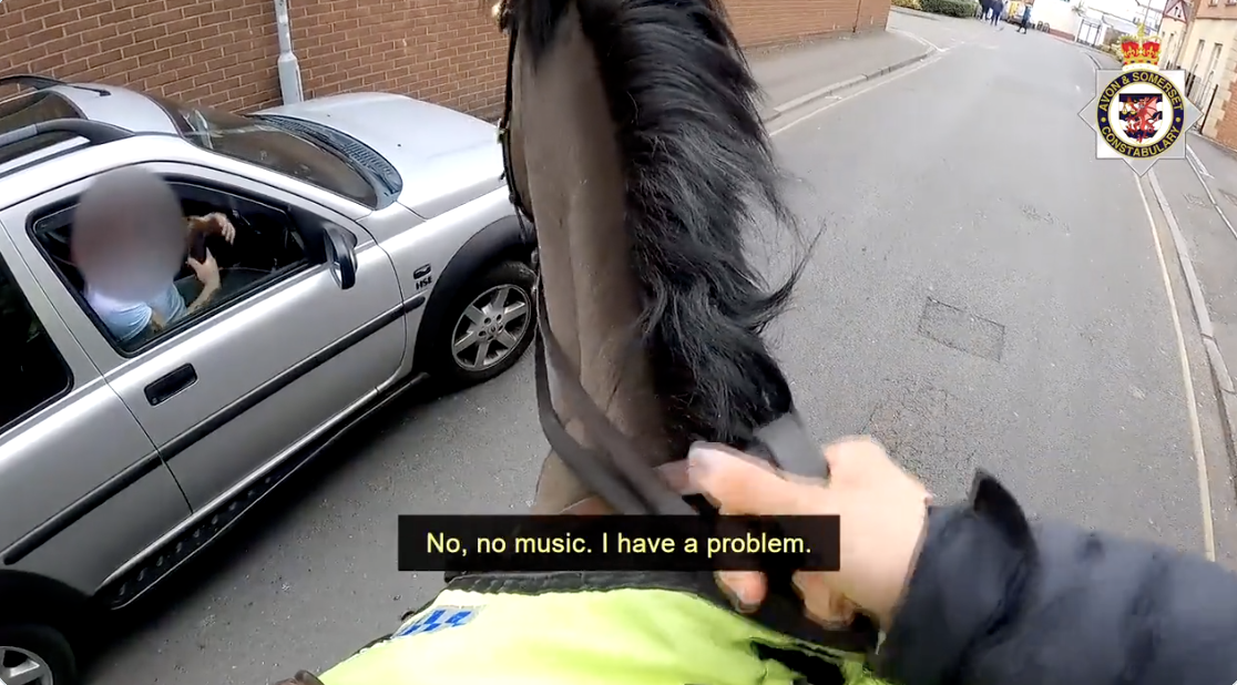 Ein berittener Polizist spricht mit einem Verkehrssünder durch das offene Fenster der Fahrertür.