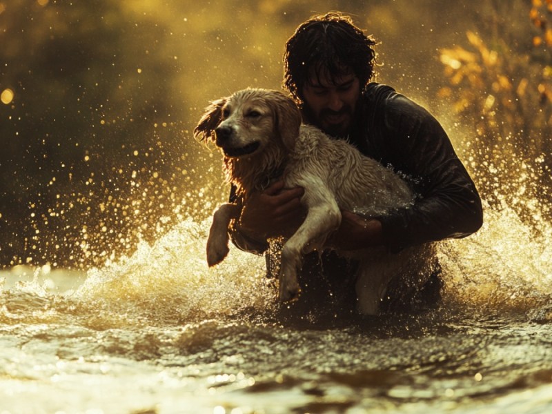 Mann trägt Hund durch Fluss. (KI-generiert)