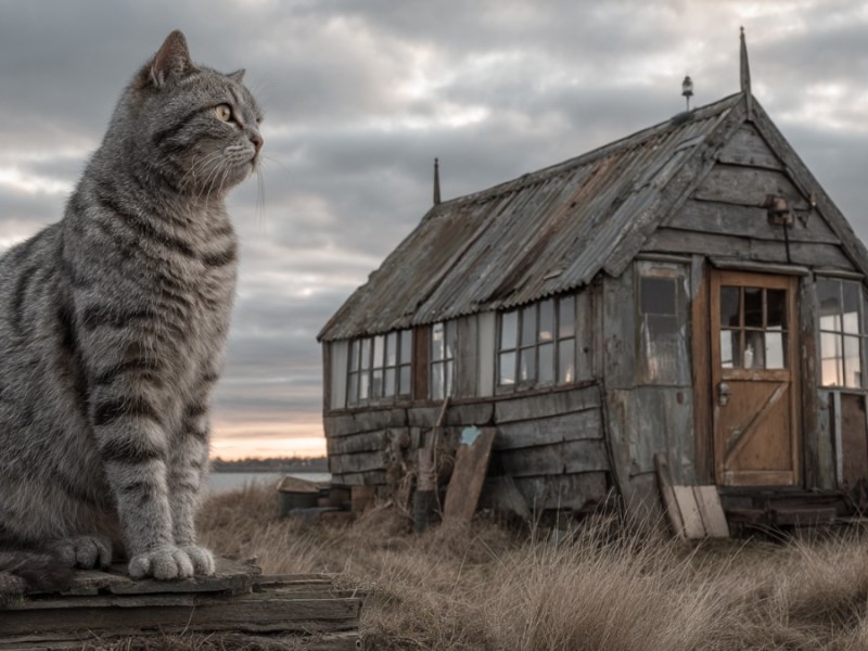 Katze vor einer Hütte. (KI-generiert)