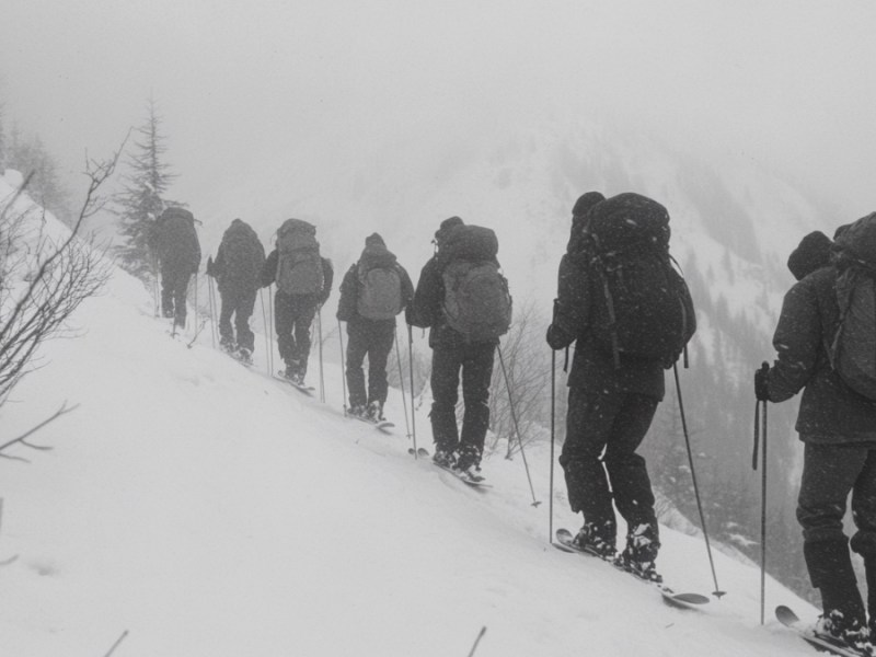 Neun junge Bergwanderer im Winter 1959 auf zu einem Skitrip im russischen Uralgebirge. (KI-generiert)