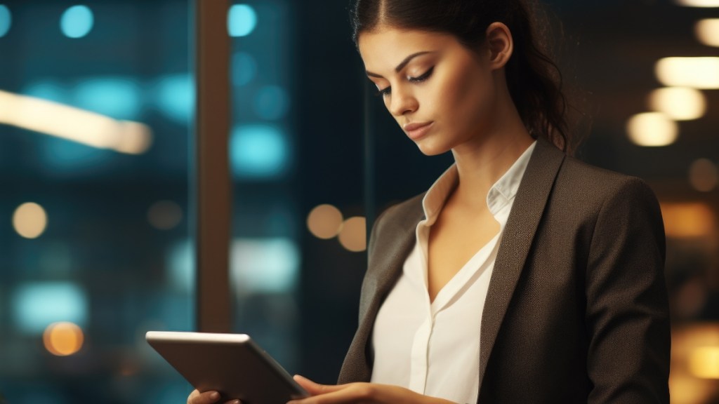 Frau im Business-Anzug sieht man auf ein Tablet schauen. Generiert mit KI.